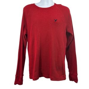American Eagle Men's Red Long-Sleeve Thermal Waffle Knit Crew Neck Shirt Size L